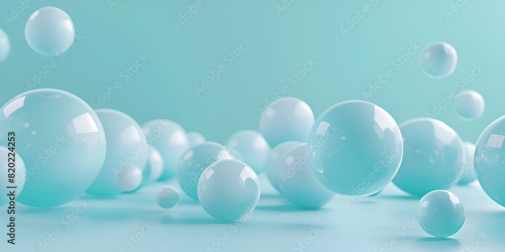 Poster 3d render of turquoise spheres floating in the air, creating an abstract background with soft shapes