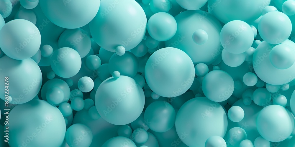 Poster a sea of turquoise spheres floating in the air, creating an abstract and calming background for prod