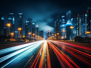 Obraz premium Abstract bokeh backdrop captures cityscape and highways at night