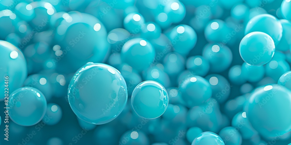 Poster abstract background with many turquoise spheres floating in the air, 3d rendering, high definition, 