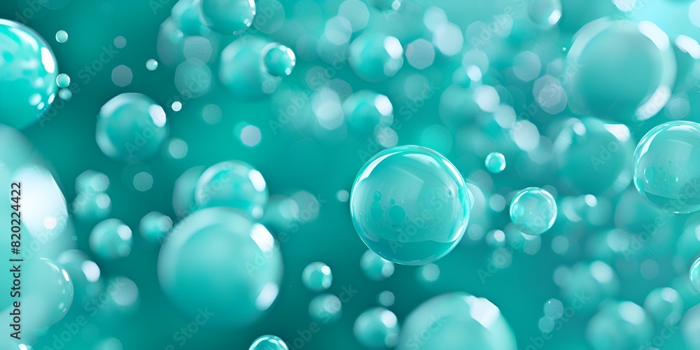 Poster abstract background with many turquoise spheres floating in the air, 3d rendering, high definition, 