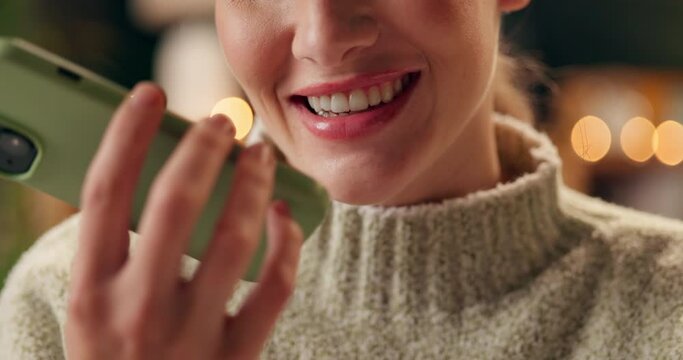 Happy woman, hands and phone with voice message at night for recording or communication at office. Closeup of young female person or employee talking on mobile smartphone or speaker for audio speech