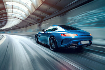 Blue car on high speed with motion blur.