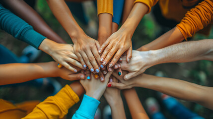 Portrays a diverse group of volunteers joining hands in unity Background