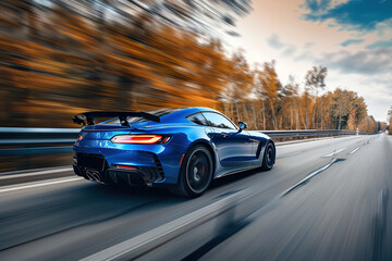 Blue car on high speed with motion blur.