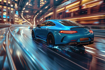 Fototapeta premium Blue car on high speed with motion blur.