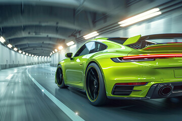 Lime green car on high speed with motion blur.