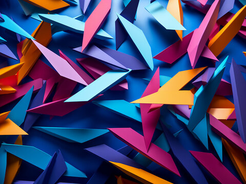 Multicolored cut paper arranged on blue abstract arrows, serving as directional markers