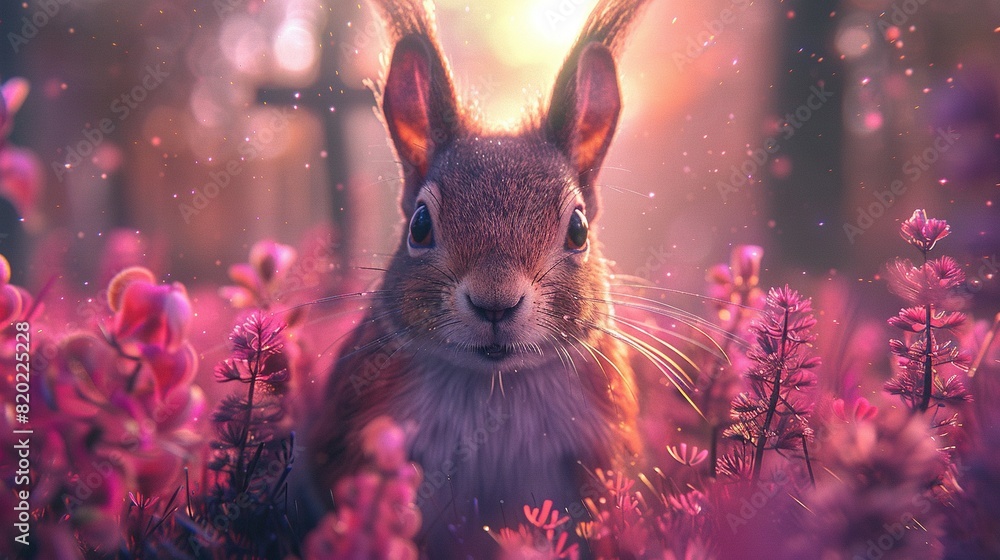 Aufkleber a close-up of a rabbit amidst a field of blooming flowers, illuminated by the warm rays filtering th