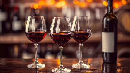 Wine glasses and bottle in bar. Three wine glasses and a bottle of red wine in a cozy bar setting.