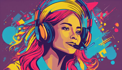 A girl at the computer in headphones, picture.