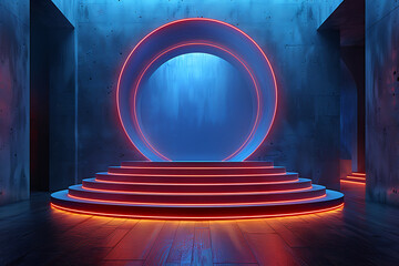 Modern and adaptable, the 3D podium with a striking neon effect creates a futuristic and vibrant image, perfect for displaying products or awards in a contemporary setting