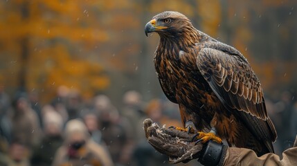 A large brown eagle is perched on a branch with its wings spread out