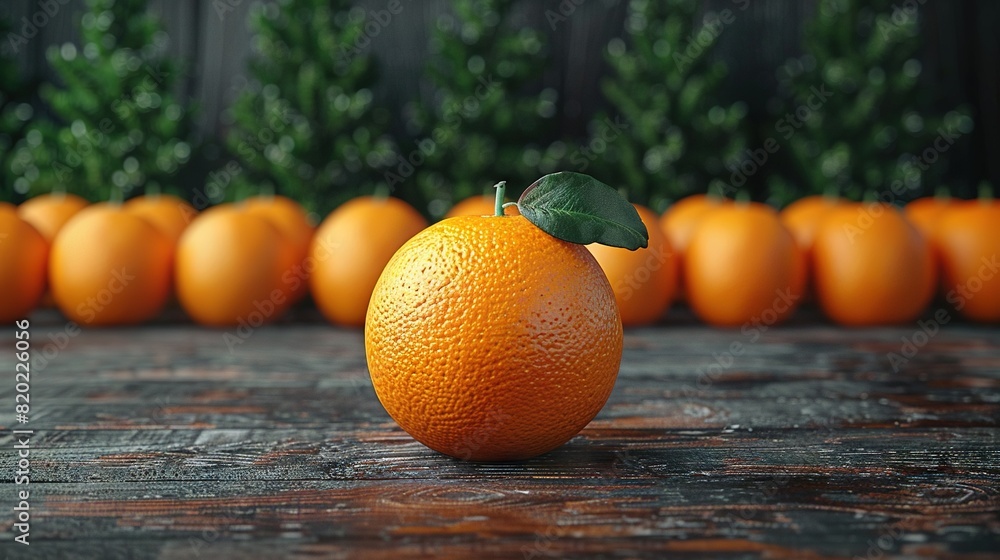 Poster a close-up of an orange on a table surrounded by oranges in the background and trees in the distance