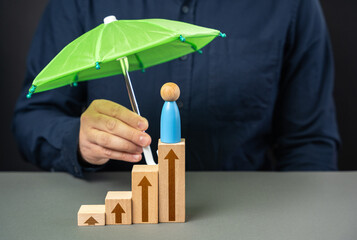 Protection on the path to success. Under an umbrella. Human resources. Insurance and social...