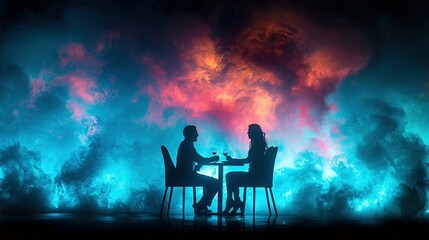   A man and woman sit at a table amidst a vibrant cloud of smoke in a dimly lit room