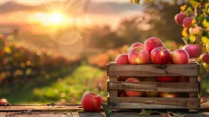 A crate full of apples sits on a wooden table. Concept of abundance and freshness and harvest - Powered by Adobe