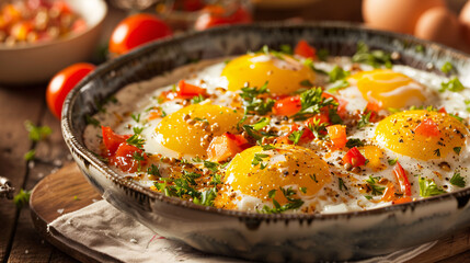 Delicious fried eggs with tomatoes and herbs. A plate of fried eggs garnished with chopped tomatoes and fresh herbs, ready to be enjoyed.