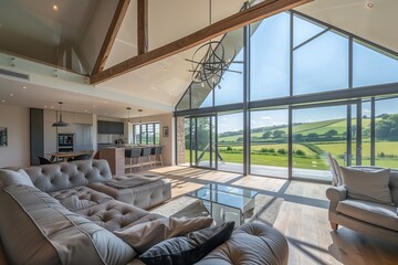 Fototapeta premium : A modern barn conversion, blending rustic charm with contemporary luxury, featuring a large, open-plan living area with floor-to-ceiling windows overlooking rolling green pastures.