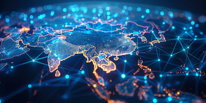 Digital map of Asia, concept of global network and connectivity, data transfer and cyber technology, business exchange, information and telecommunication  - Powered by Adobe
