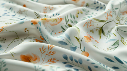 Close Up of White Fabric With Orange and Blue Flowers