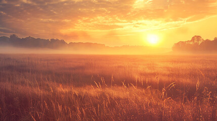 Obraz premium Golden sunset over a misty field. A beautiful golden sunset illuminates a misty field, creating a warm and serene atmosphere.