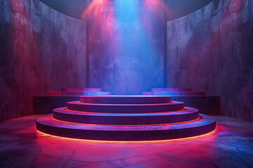 Modern and adaptable, the 3D podium with a striking neon effect creates a futuristic and vibrant image, perfect for displaying products or awards in a modern setting