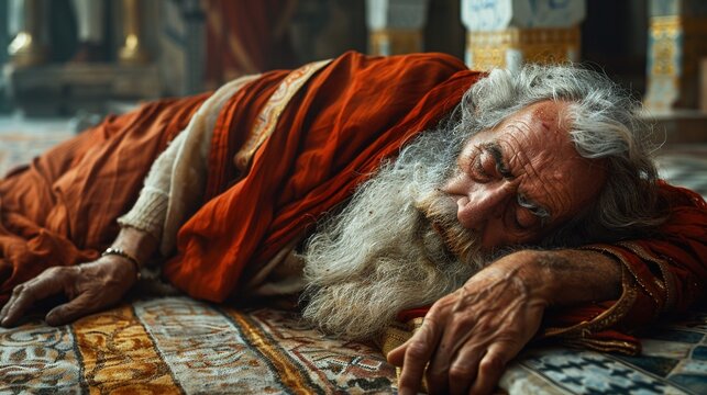 An old biblical character lies on the ground.