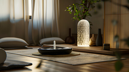 A zen meditation man cave with minimalist decor a tranquility fountain and mats for meditation and yoga.