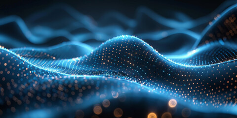 Abstract blue tech background with digital waves, dynamic network system, artificial neural connections, cyber quantum computing and electronic global intelligence