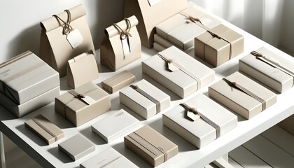 Neatly arranged minimalist e-commerce packages on a white table