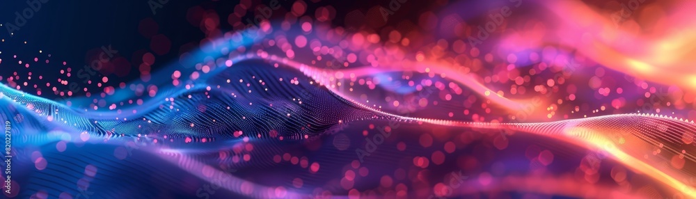 Poster abstract vibrant neon waves with particles. colorful, glowing lines creating dynamic futuristic back