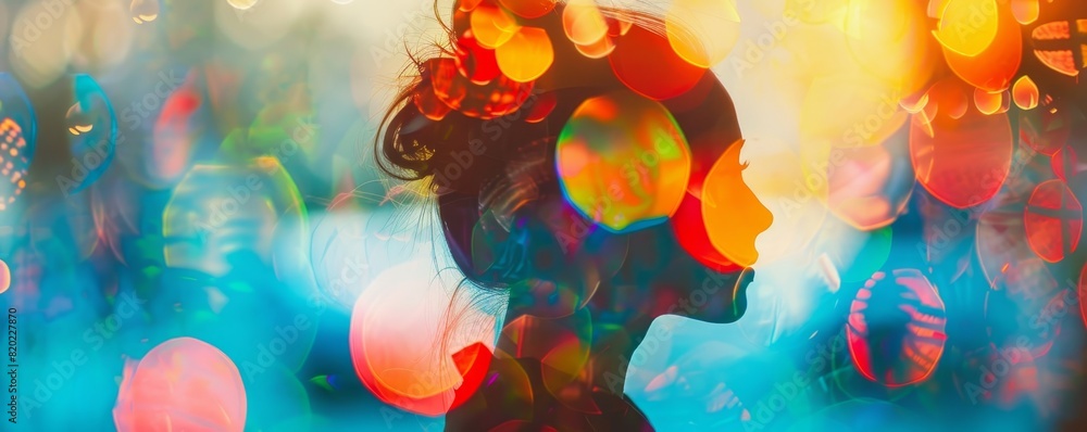 Poster artistic silhouette of a woman's profile with abstract multicolored bokeh background, creating a dre