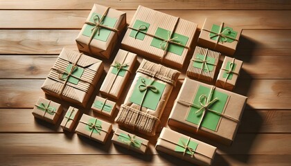 Eco-friendly e-commerce packages made from recycled materials, neatly arranged with space between each box. The packages are on a wooden surface