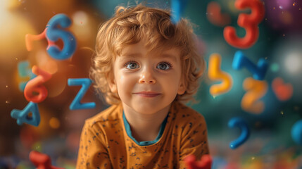 colorful english alphabet floating in the air around a cute little kid.