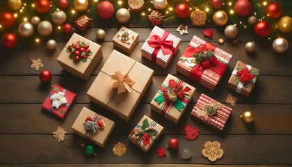 Festive e-commerce packages with holiday-themed wrapping and bows, placed on a wooden table with holiday 