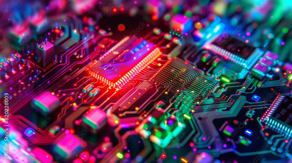 Poster close-up of a colorful circuit board with glowing elements, showcasing electronic components and int