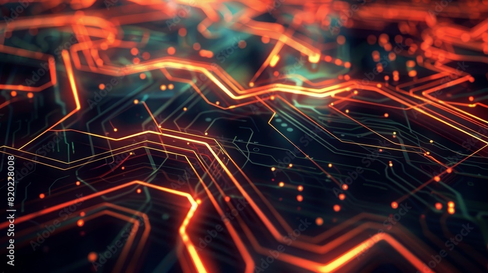 Poster close-up of a glowing, futuristic circuit board with intricate patterns and bright red and orange li