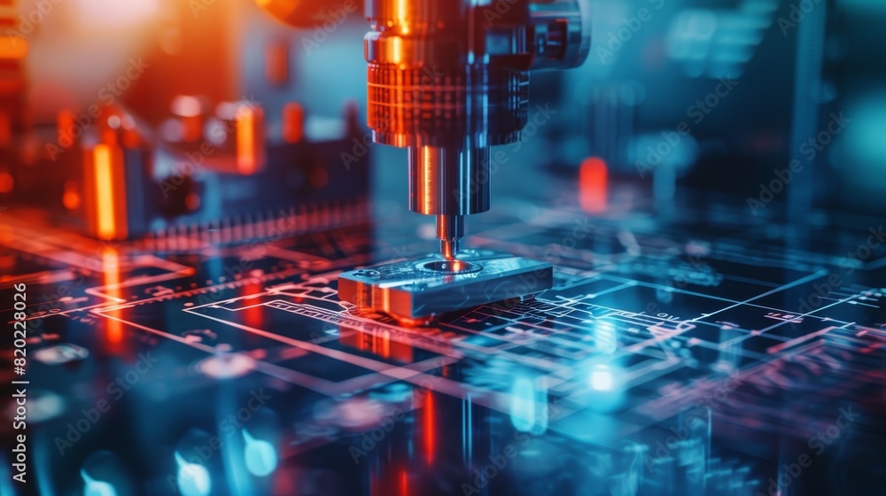 Poster close-up of a high-tech robotic arm working on a circuit board, representing precision engineering a