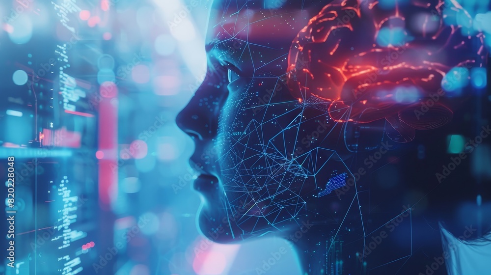 Poster close-up of a human brain with neural connections and futuristic interface, representing artificial 