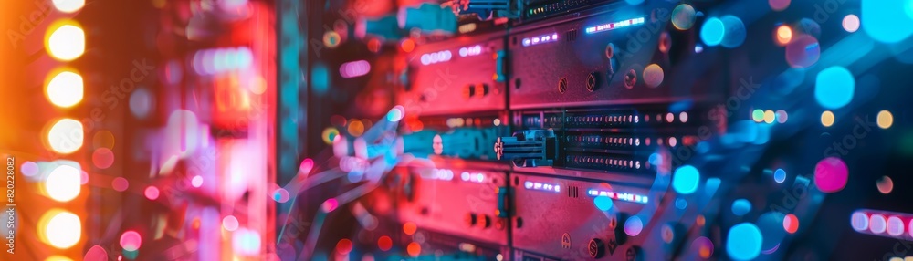 Poster close-up of colorful led lights reflecting on server racks in a data center, depicting technology, n