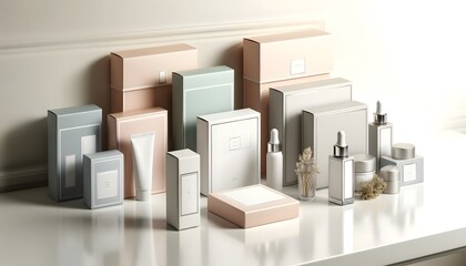 Elegant e-commerce packages for beauty products, with minimalistic design and soft pastel colors, arranged on a vanity. The packages are neatly organi