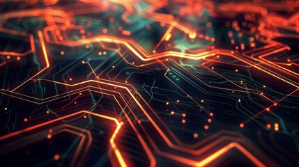 Fototapeta premium Close-up of a glowing, futuristic circuit board with intricate patterns and bright red and orange lines, signifying technology and innovation.