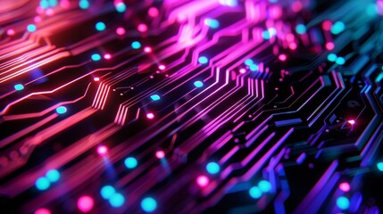 Close-up of a glowing circuit board with vibrant neon lights in red, pink, and blue, illustrating modern technology and futuristic design.