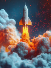 The rocket is launching into space. The rocket is surrounded by clouds of smoke. The rocket is on fire.