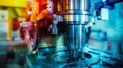 Close-up of a high-tech CNC machine in action, illustrating advanced industrial machinery and precision engineering in a colorful, vibrant setting.