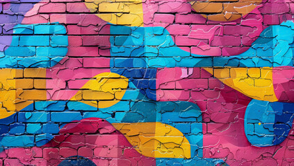 Abstract graffiti pattern on a brick wall in pink, blue and yellow colors.

