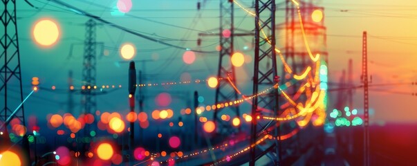 Colorful abstract of power transmission lines and towers at dusk with blurred lights, representing energy, technology, and communication.