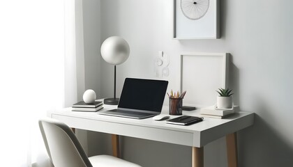A clean and organized minimalist home office setup with a desk, laptop, and stylish decor. The desk is sleek and uncluttered, featuring a modern laptop