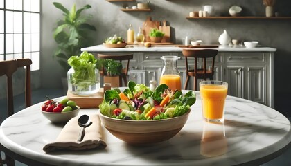 A beautifully arranged healthy breakfast spread with a fresh salad and juice on a marble table in a modern kitchen. The setup includes a bowl of vibra